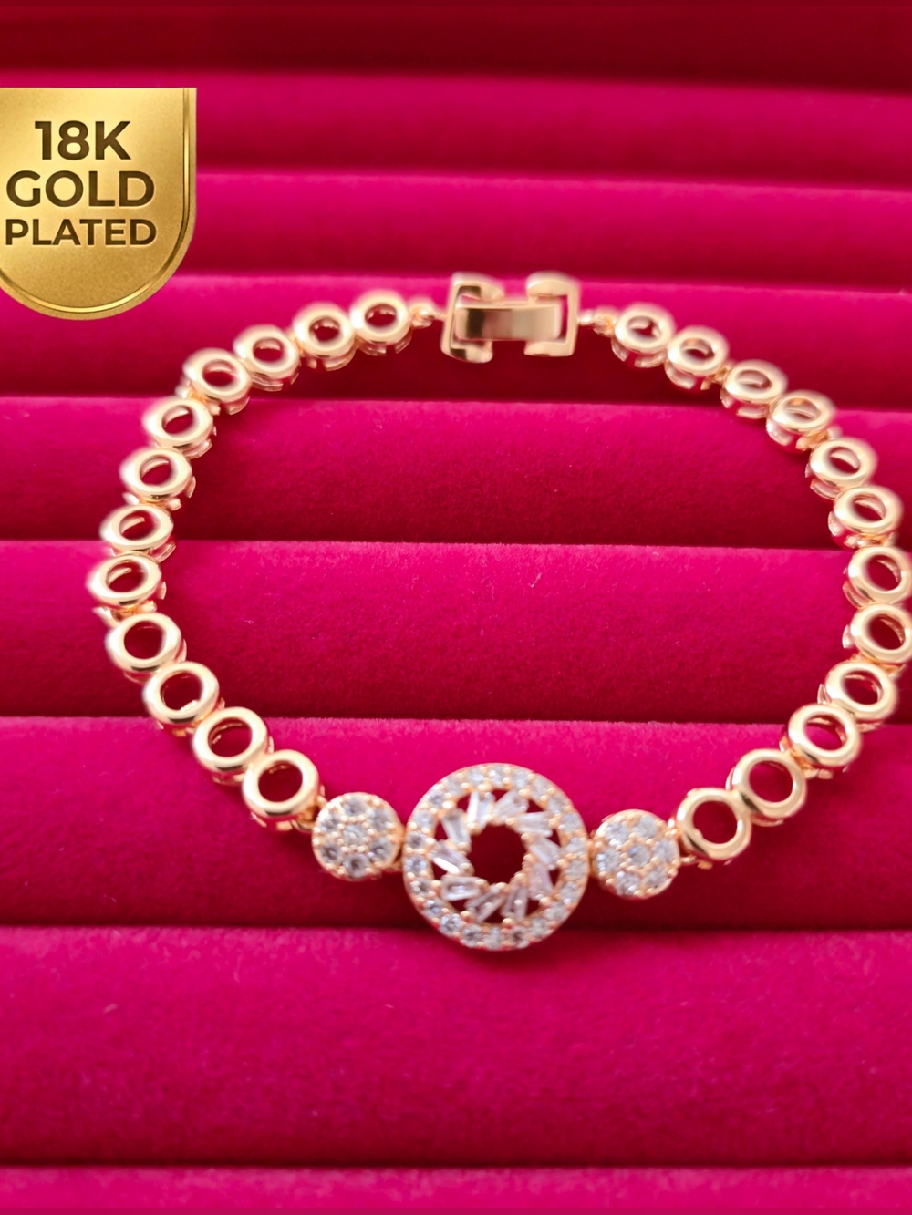 18K Gold Plated Bracelet W/ Circle CZ Charms (B003)